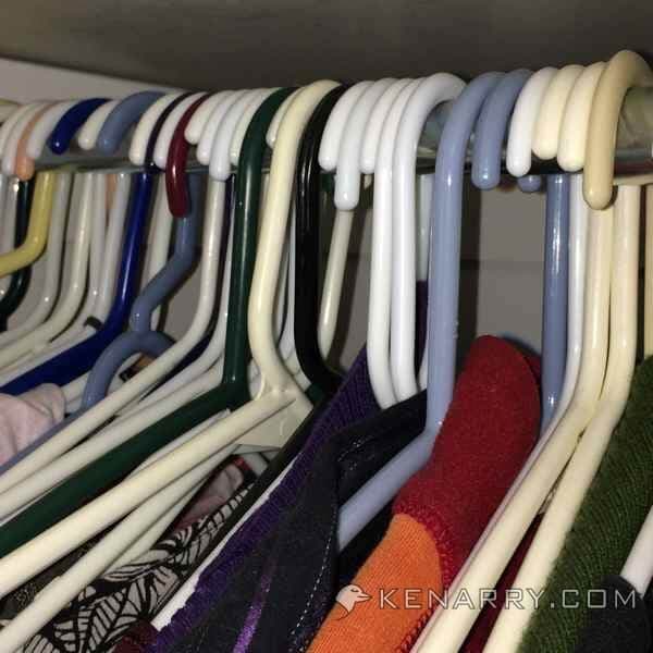 Closet organization: Clothes hangers turned backwards help identify what you haven't worn.