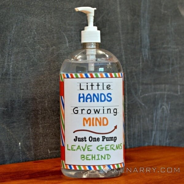 Free Hand Sanitizer Printable and More Great Back to School Ideas; Fits an extra large 32 oz bottle. Great for preschool, early elementary and day care! - Kenarry.com