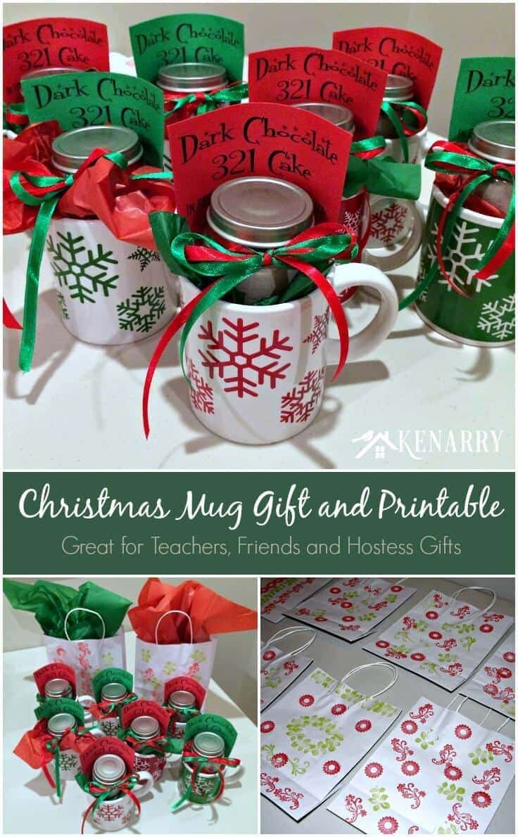 Love this! Give a cake in a mug with this easy low cost Christmas Mug Teacher Gift. Also great for friends, hostesses or holiday party favors.