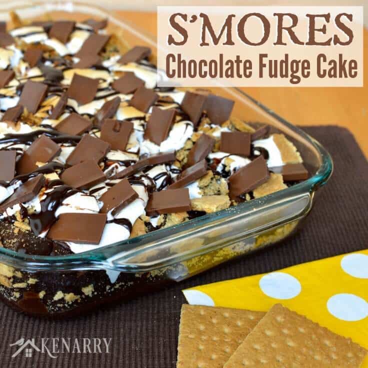 Easy chocolate fudge cake with s'mores toppings. 
