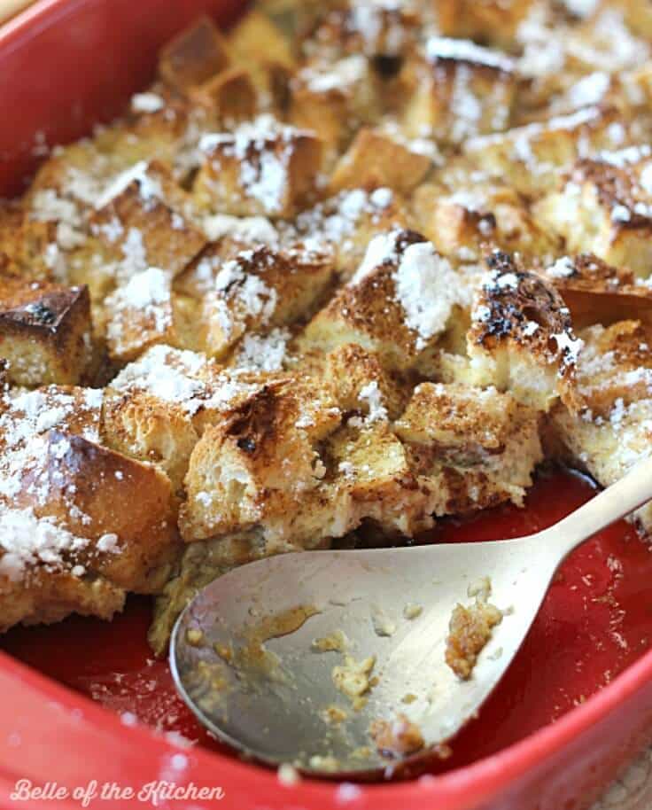 French toast casserole in a red baking dish