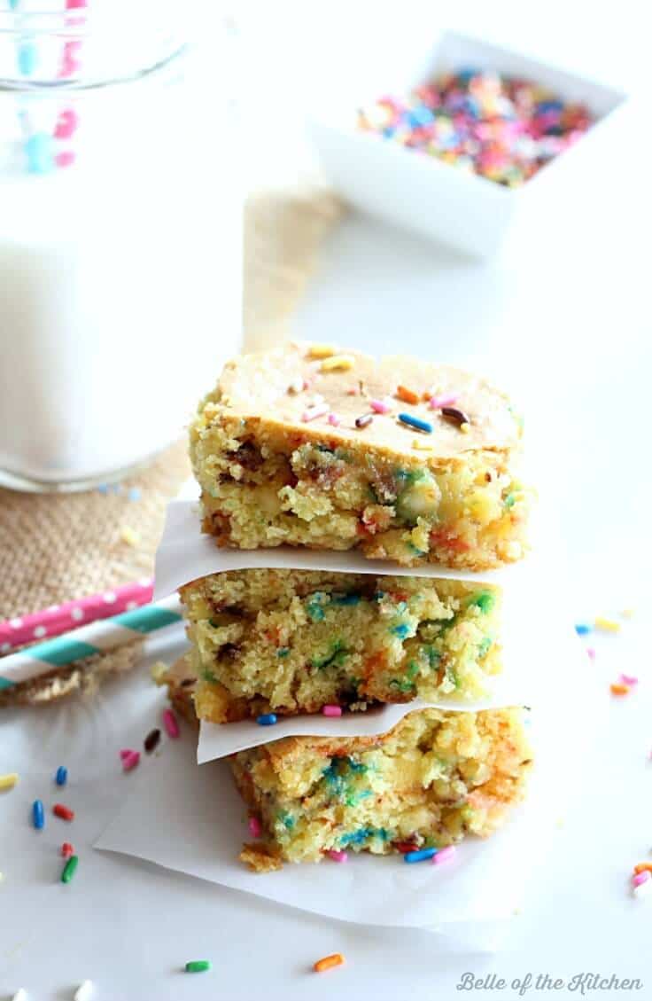 These Cake Batter Bars are chock-full of sprinkles and cake batter flavor! They are easy to make with the help of a cake mix.