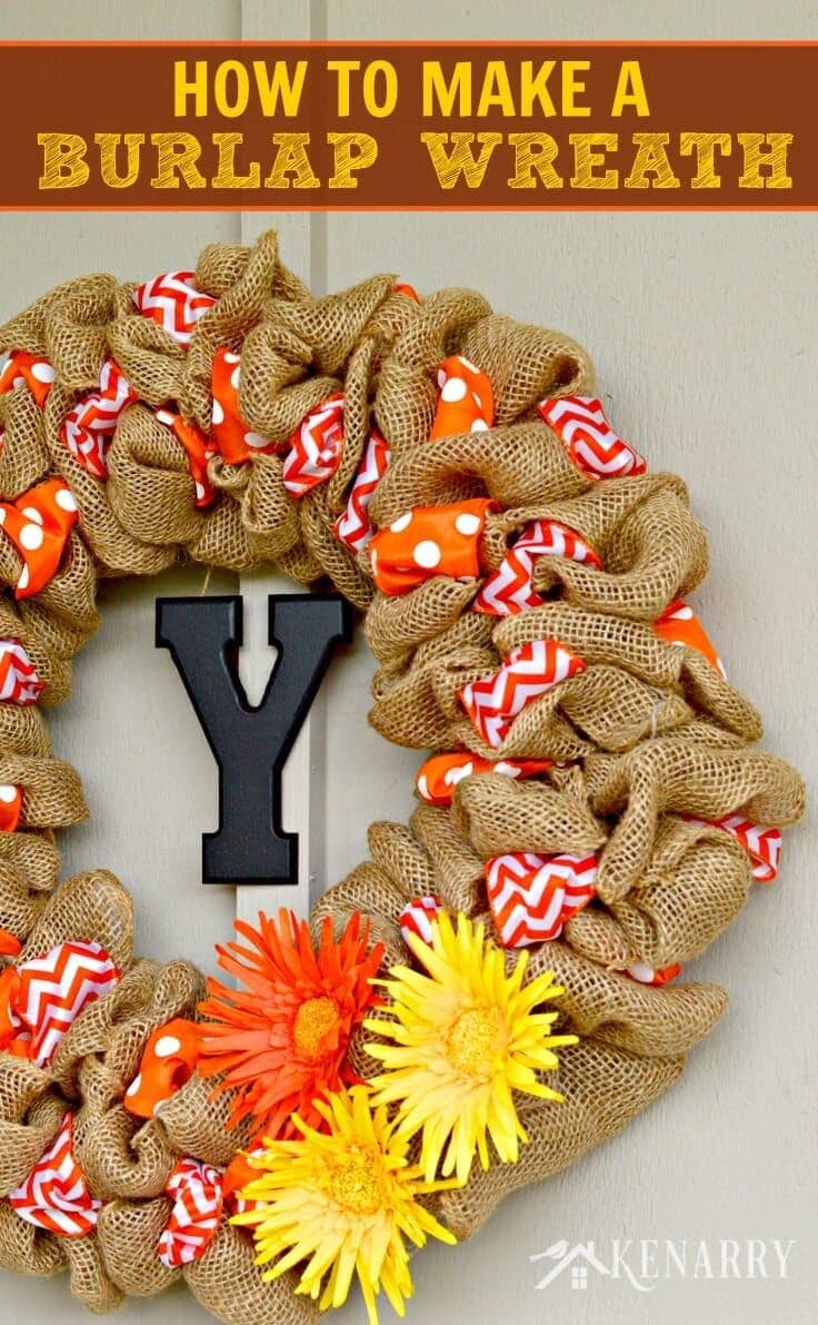 This is great! Easy step-by-step tutorial teaches how to make a  DIY burlap wreath with letter for the front door using two different accent ribbons. Beautiful craft for holiday and everyday home decor! #diywreath #wreathtutorial #kenarry #ideasforthome