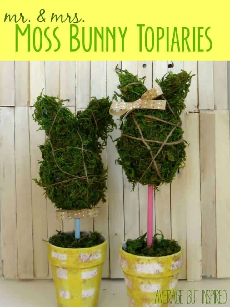 DIY Mr. & Mrs. Moss Bunny Topiaries - Average But Inspired featured on Ideas for the Home by Kenarry®