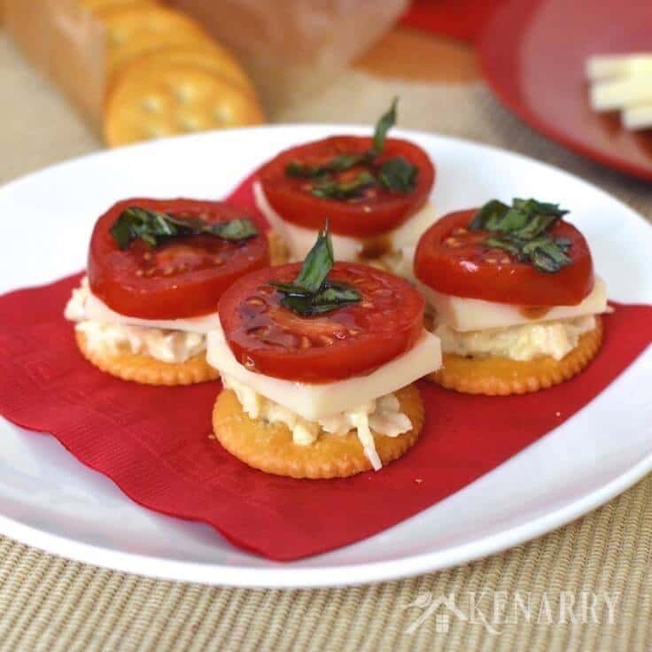 Chicken Caprese Crackers served on a plate as an appetizer