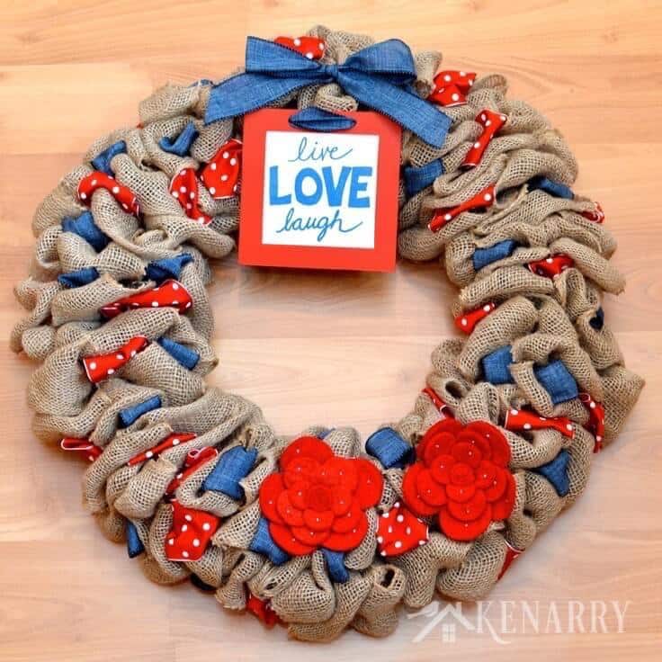 What a cute red, white and blue burlap wreath! It would be great patriotic home decor for 4th of July, Memorial Day and Labor Day.