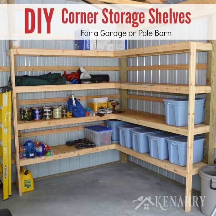 Great idea for DIY corner shelves to create storage in a garage or pole barn!