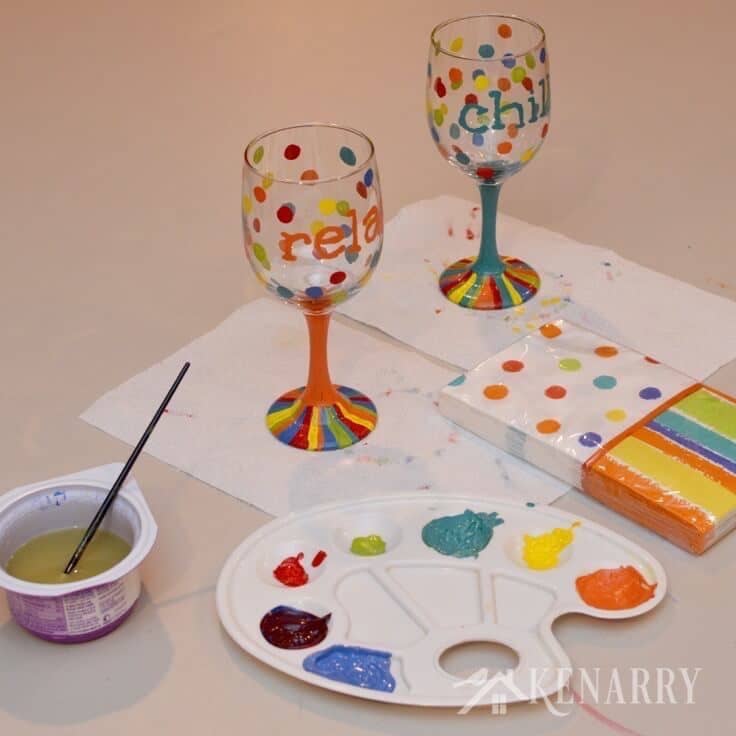 Great DIY tutorial to learn how to make hand painted wine glasses using colorful enamel paints. This would be a fun gift idea for friends!