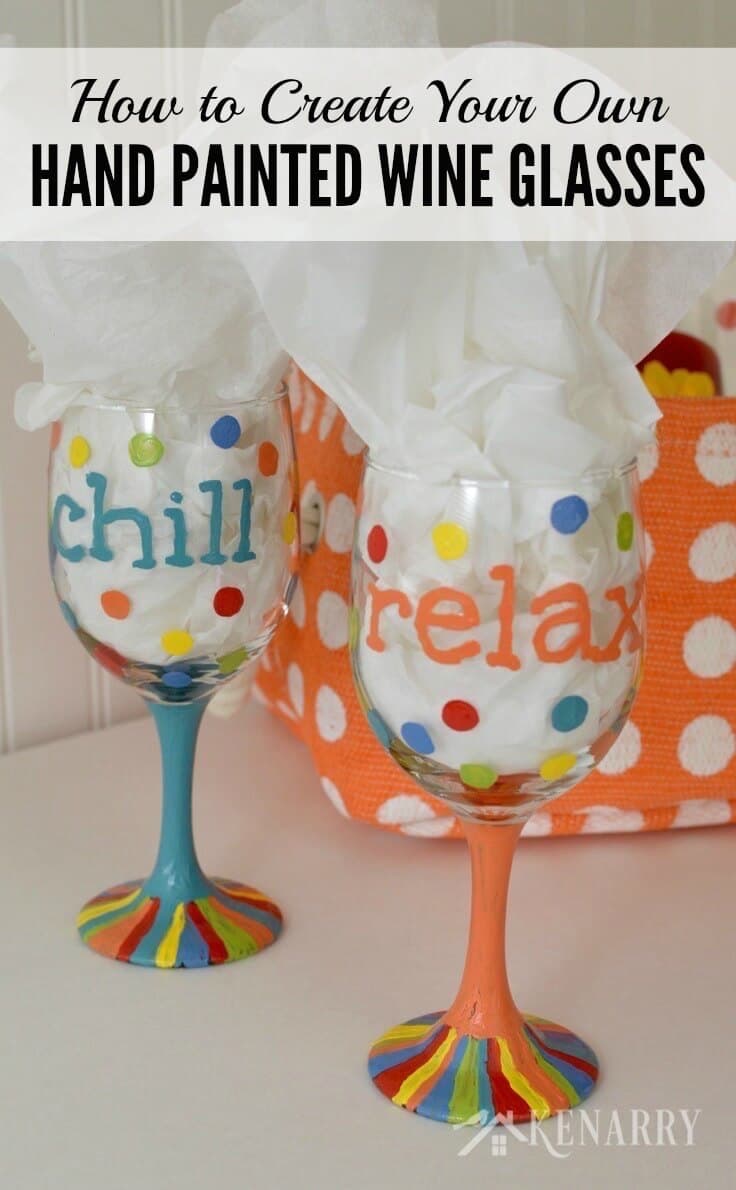 Great DIY tutorial to learn how to make hand painted wine glasses using colorful enamel paints. This would be a fun gift idea for friends!