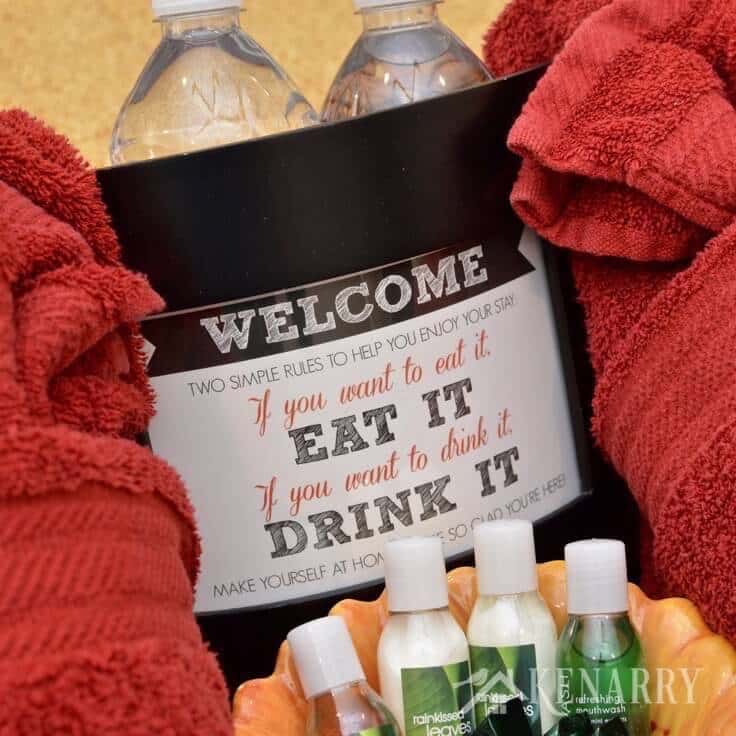 What a fun idea to create a basket to welcome overnight visitors! Use this free printable guest room art to make them feel at home.