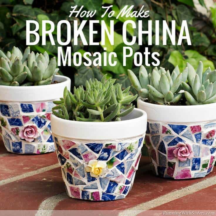 RunningWithSisters.com Glue broken china tiles onto painted terra cotta pot to make a broken china mosaic pots.