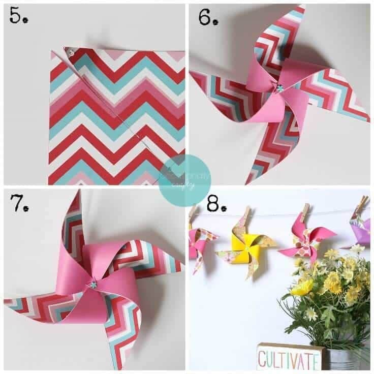 How to make a colorful pinwheel banner out of scrapbook paper