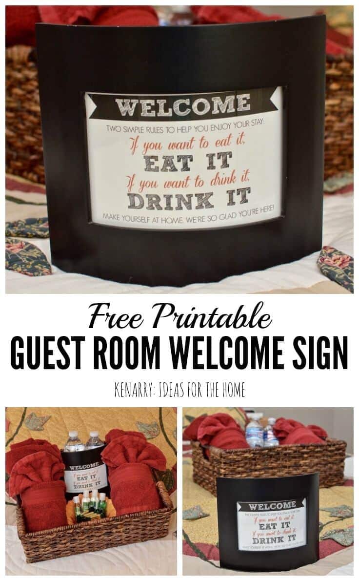 What a fun idea to create a basket to welcome overnight visitors! Use this free printable guest room art to make them feel at home.