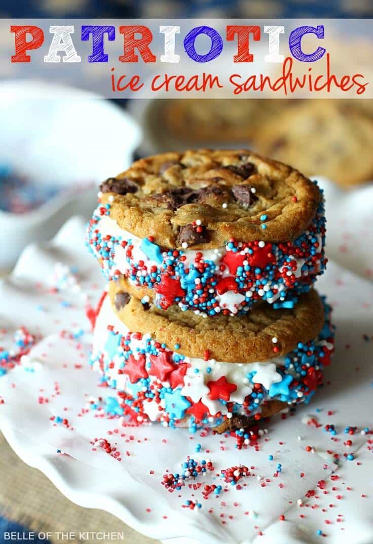 Patriotic Ice Cream Sandwiches with red, white, and blue sprinkles to enjoy at your 4th of July celebration!