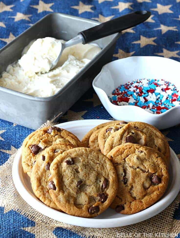 chocolate cookies and patriotic sprinkles to make ice cream sandwiches