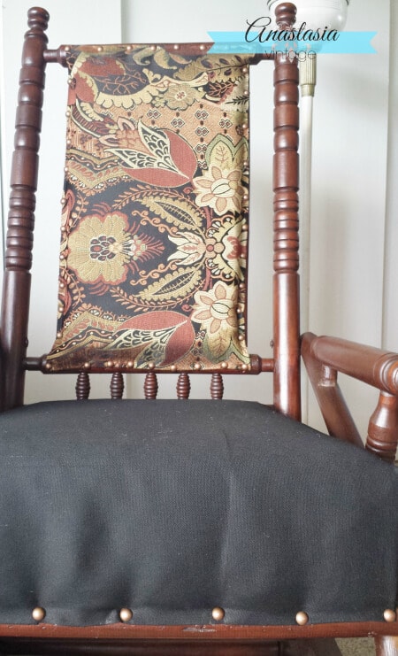antique primitive handmade platform rocking chair upholstered back tapestry fabric
