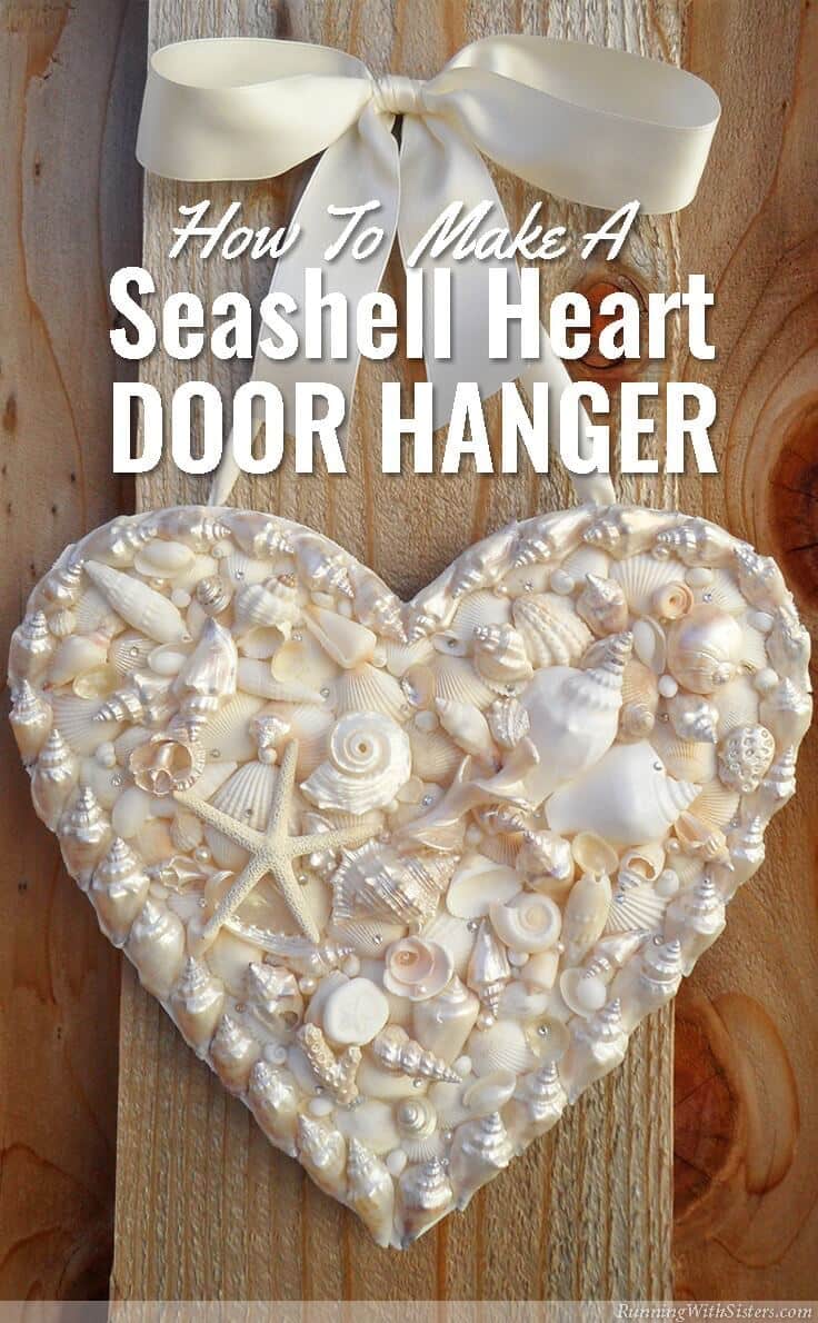 RunningWithSisters.com Make a heart-shaped door hanger with seashells, pearls, and rhinestones. Perfect for summer!
