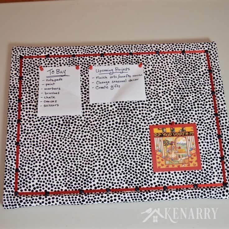 Love the fabric in this DIY Bulletin Board Makeover idea! It adds a fun, feminine touch to a corkboard or message board for a home, office or dorm room.