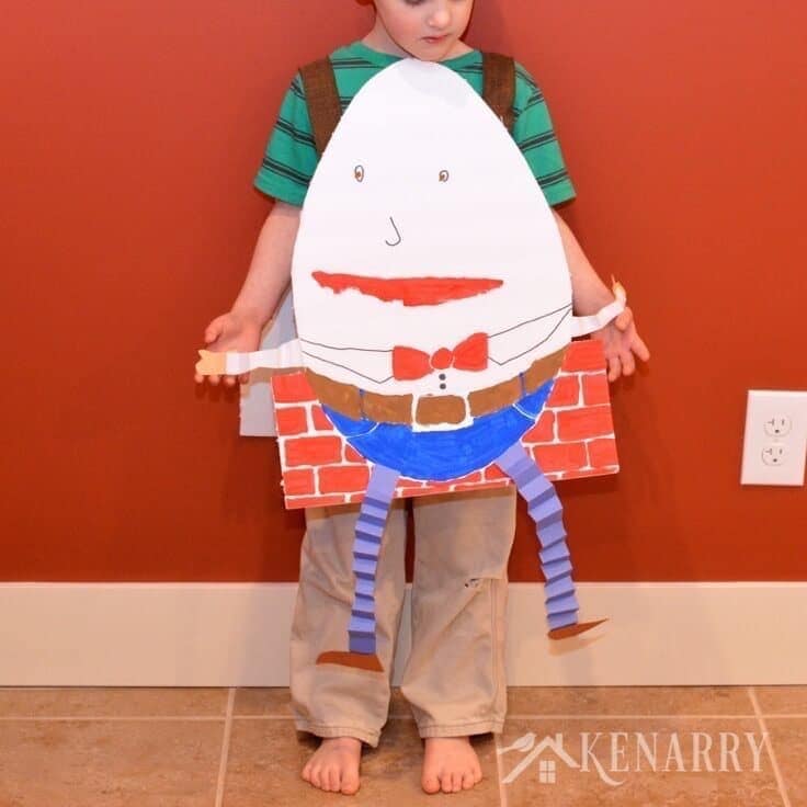 What a cute idea for a Humpty Dumpty Costume! This would be an easy kid's costume for Halloween or a nursery rhyme parade at school.