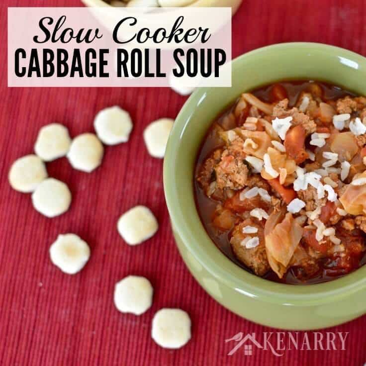 Yum! This Slow Cooker Cabbage Roll Soup is an easy dinner idea. It's a delicious Crockpot recipe made with ground turkey, rice and chopped cabbage, perfect for chilly fall and winter days. #soup #fallrecipes #kenarry