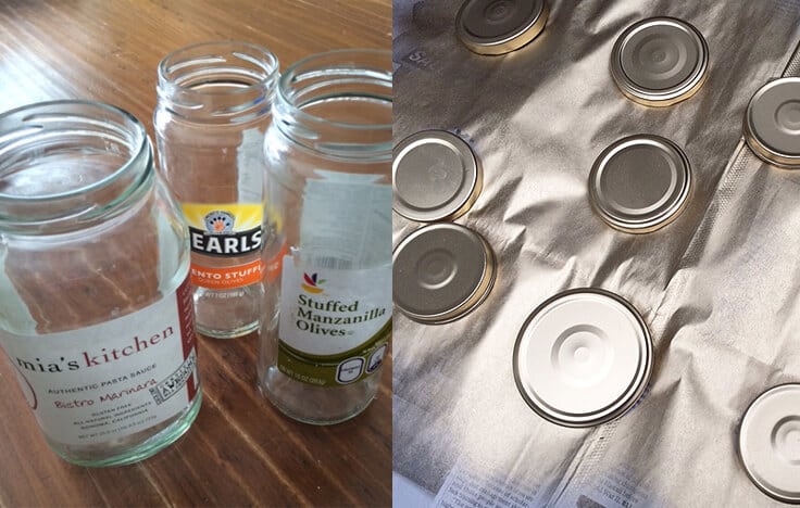 upcycled glass jars with gold spray painted covers