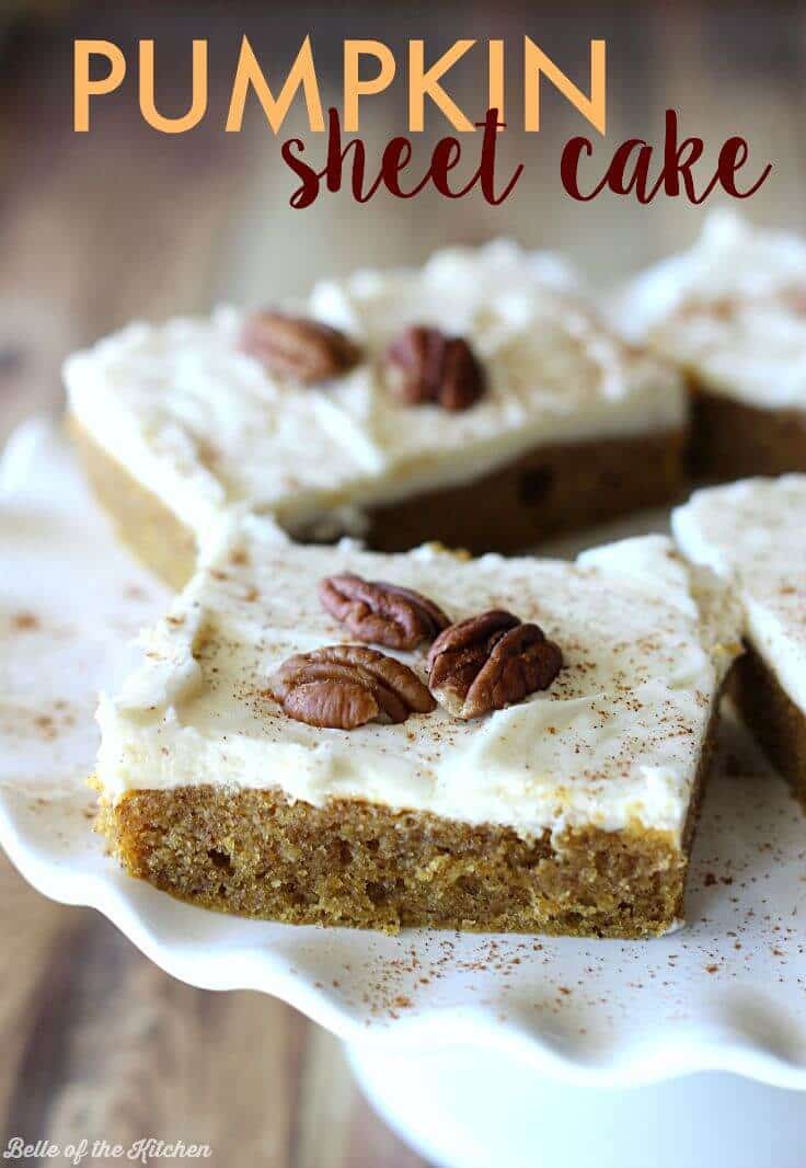 This Pumpkin Sheet Cake is full of sweet, fall flavors and finished off with a cream cheese icing. It's easy to make and perfect for a crowd!