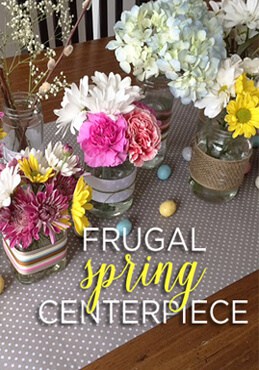 create a frugal spring centerpiece with recycled glass jars and ribbon from Greco Design
