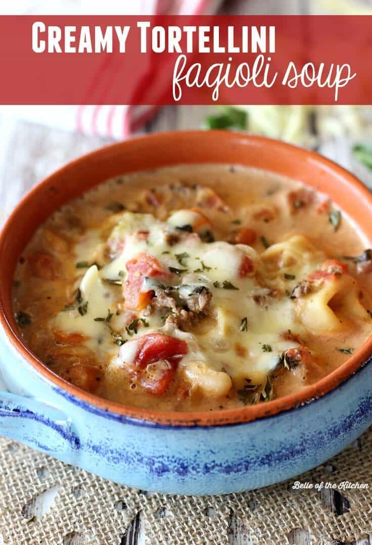 This Creamy Tortellini Fagioli Soup is a hearty and delicious soup full of meat, veggies, beans, and cheesy tortellini, all swimming in a creamy broth.