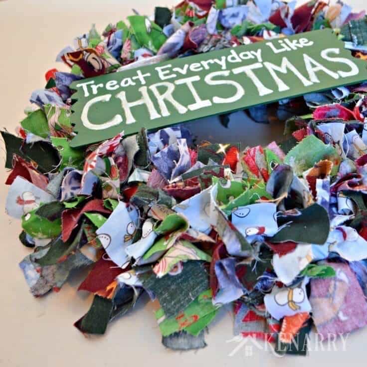 Upcycle old pajama pants or use scraps of colorful fabric to create a fun, festive and easy Christmas wreath plus more handmade gift ideas for the holidays.