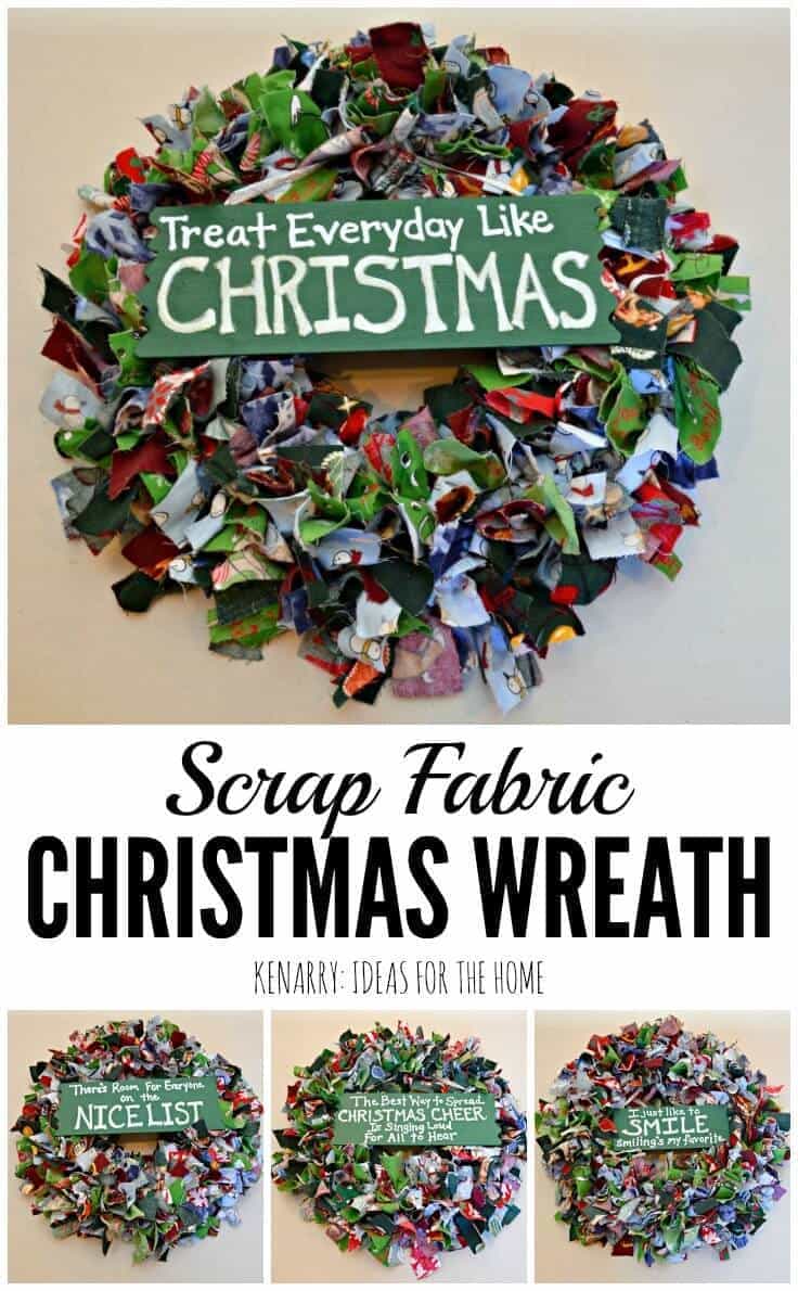 Upcycle old pajama pants or use scraps of colorful fabric to create a fun, festive and easy Scrap Fabric Christmas wreath plus more handmade gift ideas for the holidays.