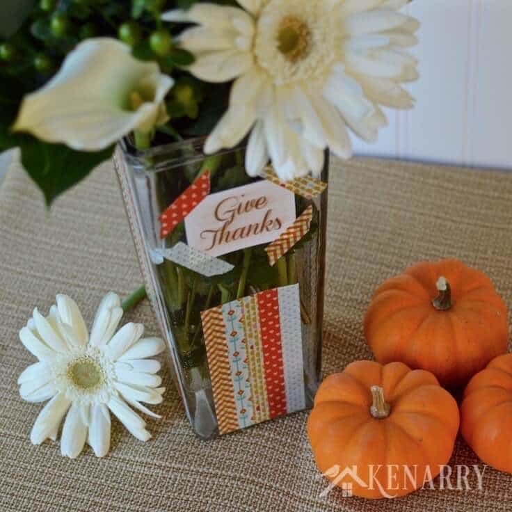 How to make a washi tape vase for Thanksgiving plus learn where you can get tons of other washi tape ideas.