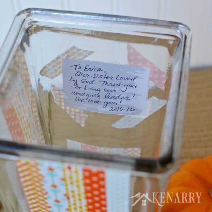 A personal note inside a DIY Thanksgiving vase decorated with washi tape