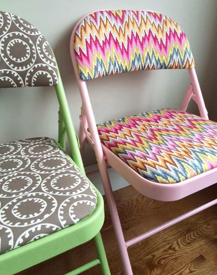refinished folding chairs with fun fabric and colorful spraypaint
