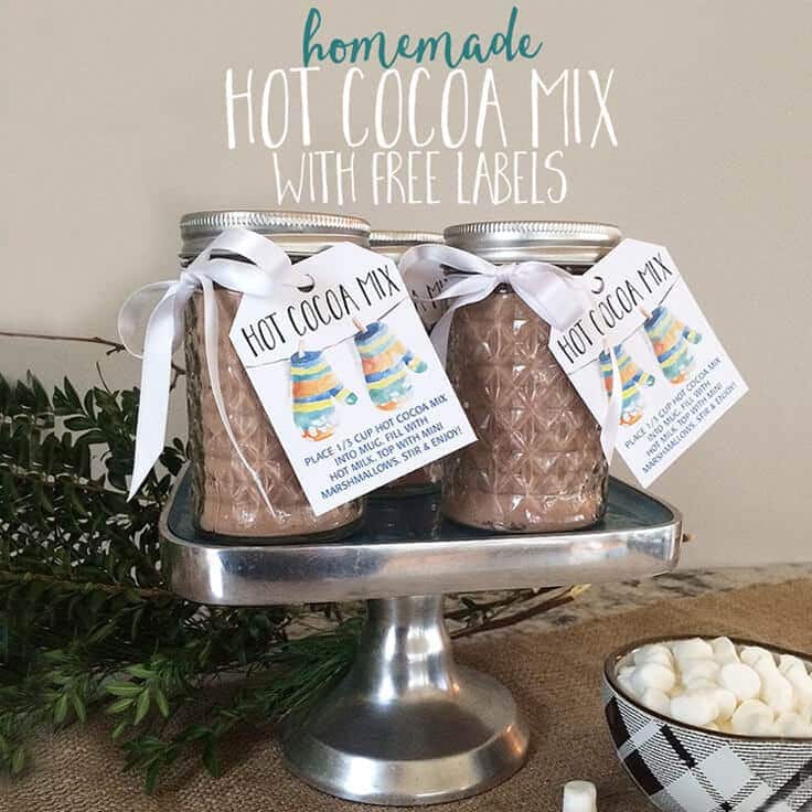 This homemade hot cocoa mix recipe in a jar makes a great DIY Christmas gift idea plus there are free printable labels with mittens for winter. You can also make a big batch to serve at a party. #hotcocoa #hotcocoabar #kenarry