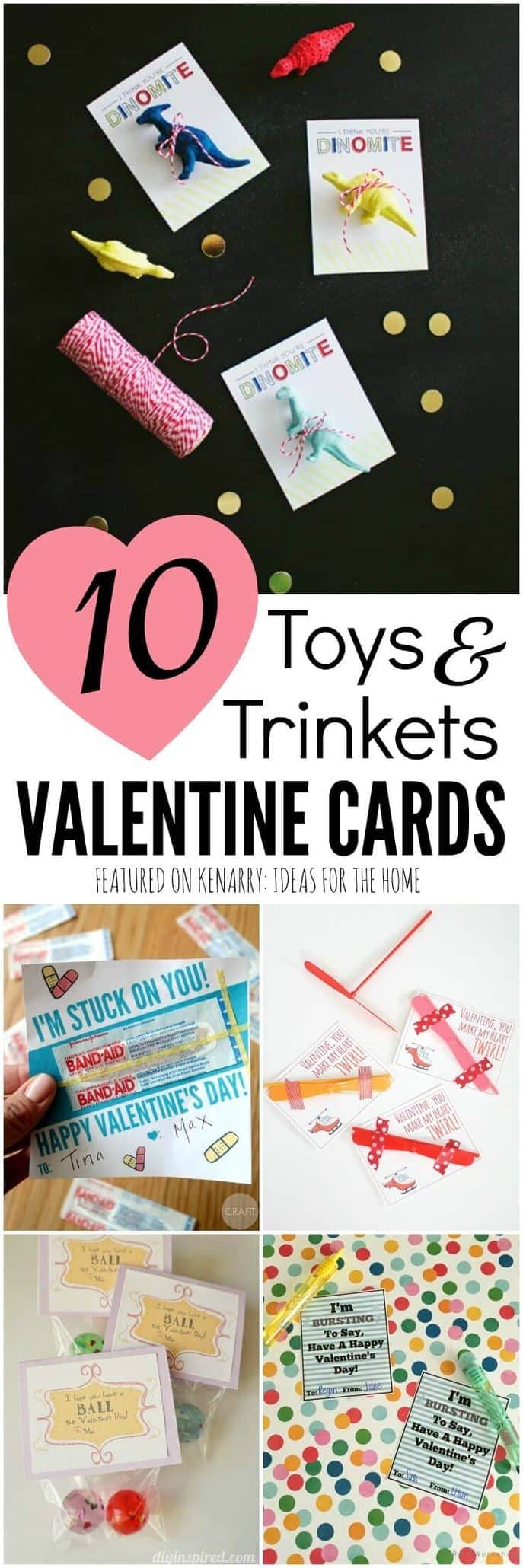 Love these great ideas for kids valentine cards that don't involve candy! 10 clever ways for using toys and trinkets for Valentine's Day party treats for school instead.