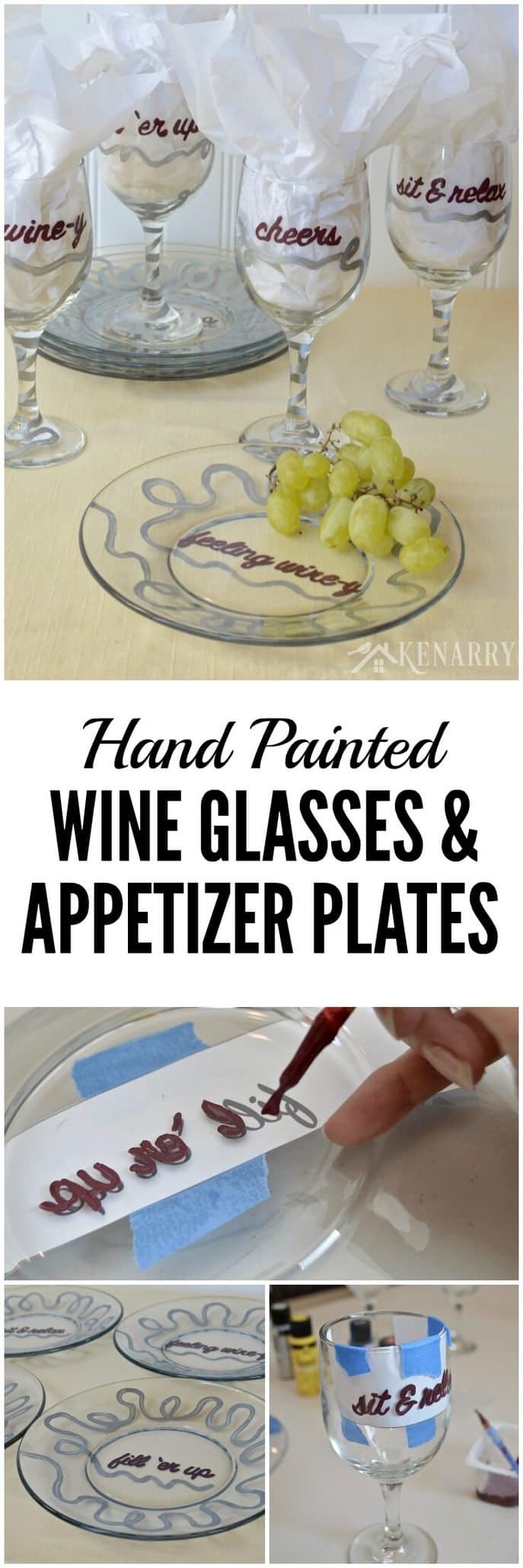 Love these DIY hand painted wine glasses and appetizer plates! They'd be a fun and easy gift idea or to use for your own parties.