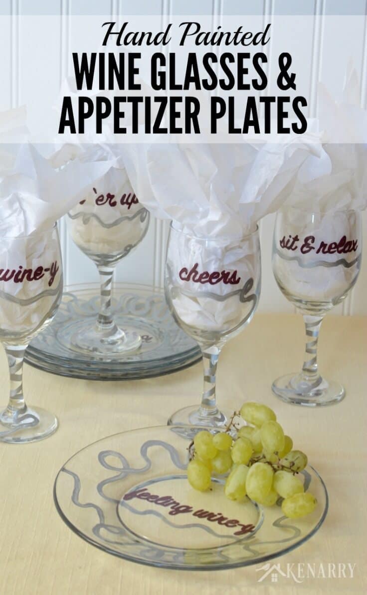 Love these DIY hand painted wine glasses and appetizer plates! They'd be a fun and easy gift idea or to use for your own parties.