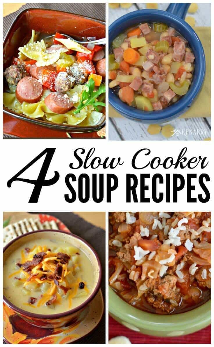 These Slow Cooker Soup Recipes are sure to become a family favorite dinner! You're going to love these recipe ideas for White Bean and Ham Soup, Cabbage Roll Soup, Sausage and Meatball Soup and Loaded Potato Soup.