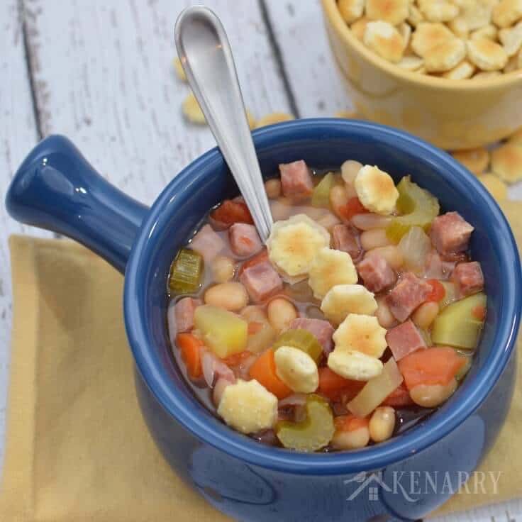 Perfect for a cold day! Slow Cooker White Bean and Ham Soup simmering in the crock pot for dinner.