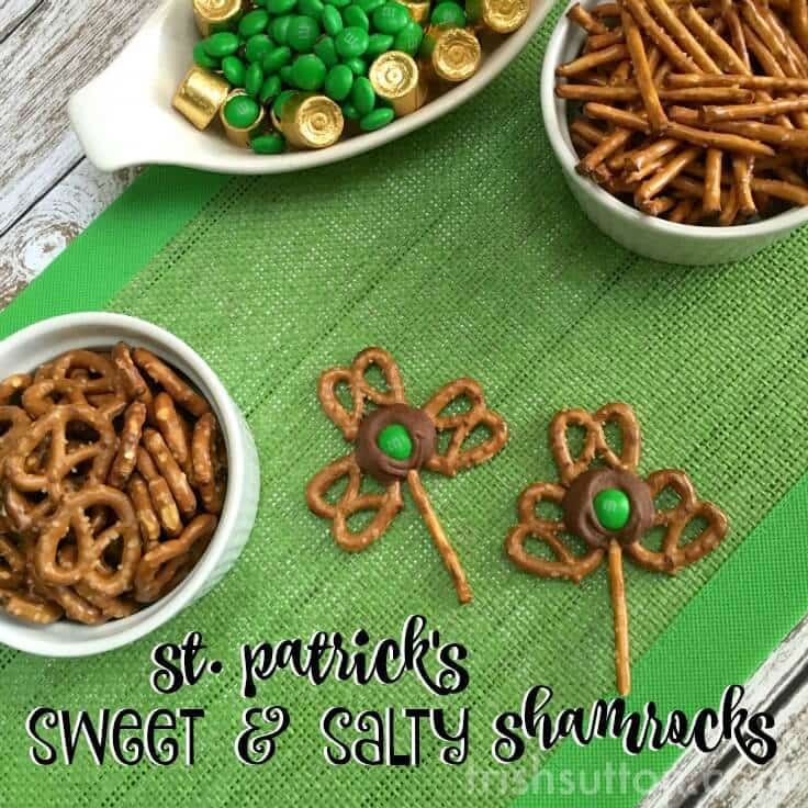 shamrock pretzels with bowls of pretzels, Rolos, and green M&Ms