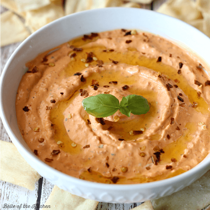 Roasted Red Pepper Dip in a white bowl. 