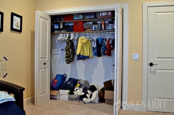 Boys bedroom plans include adding a closet organization system so small children can better reach their clothes.