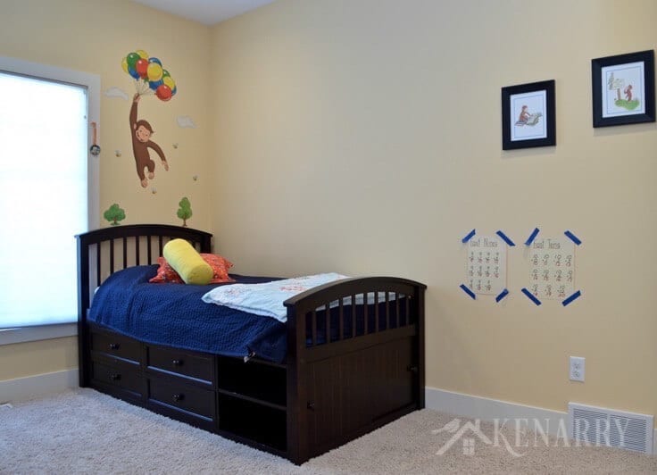 Boys bedroom plans involve removing the Curious George decal and painting the walls including a outer space theme mural.