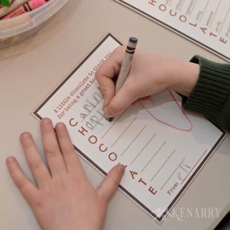What a cute and easy idea for a teacher appreciation gift! Have your child write words to describe his or her teacher on this free printable tag then attach it to chocolate for Teacher Appreciation Week, Christmas or the end of the school year.