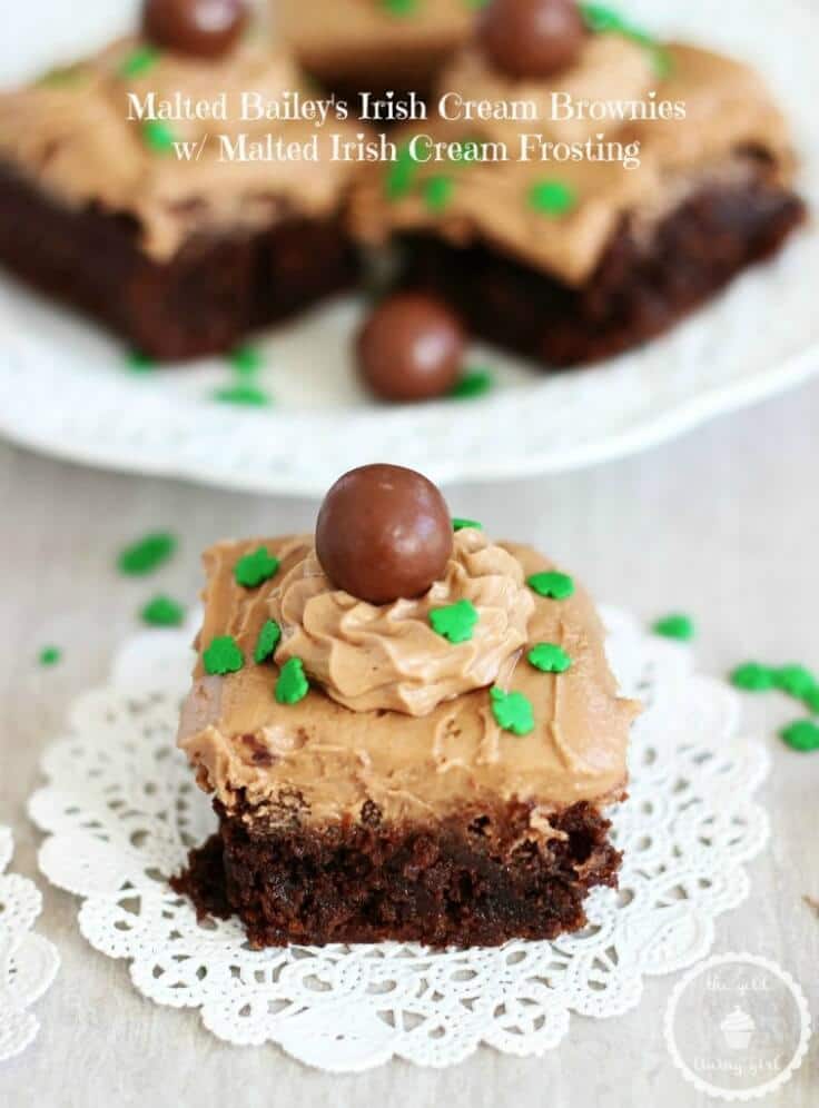 Malted Bailey’s Irish Cream Brownies with Chocolate Irish Cream Frosting - The Gold Lining Girl - St. Patrick's Day Treats featured on Kenarry.com