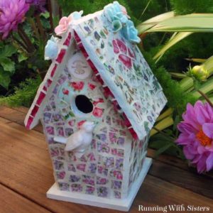 Mosaic a birdhouse with broken china. Pretty project for the garden!