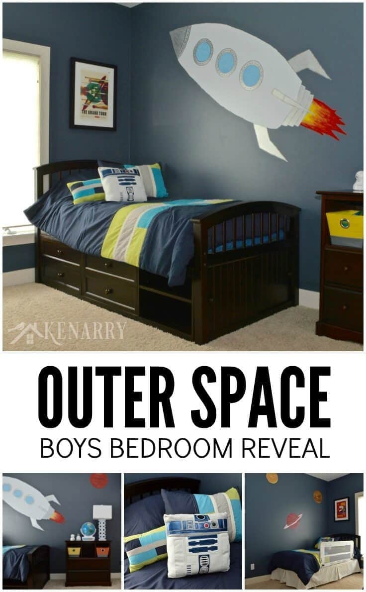 Your kids will be over the moon with an outer space boys bedroom. Check out the home decor, decorative wall mural and other details in this room reveal including a few NASA and Star Wars ideas. The whole room is out of this world!