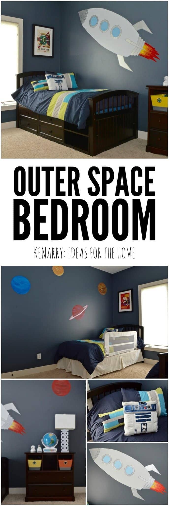 Your kids will be over the moon with an outer space boys bedroom. Check out the home decor, decorative wall mural and other details in this room reveal including a few NASA and Star Wars ideas. The whole room is out of this world!
