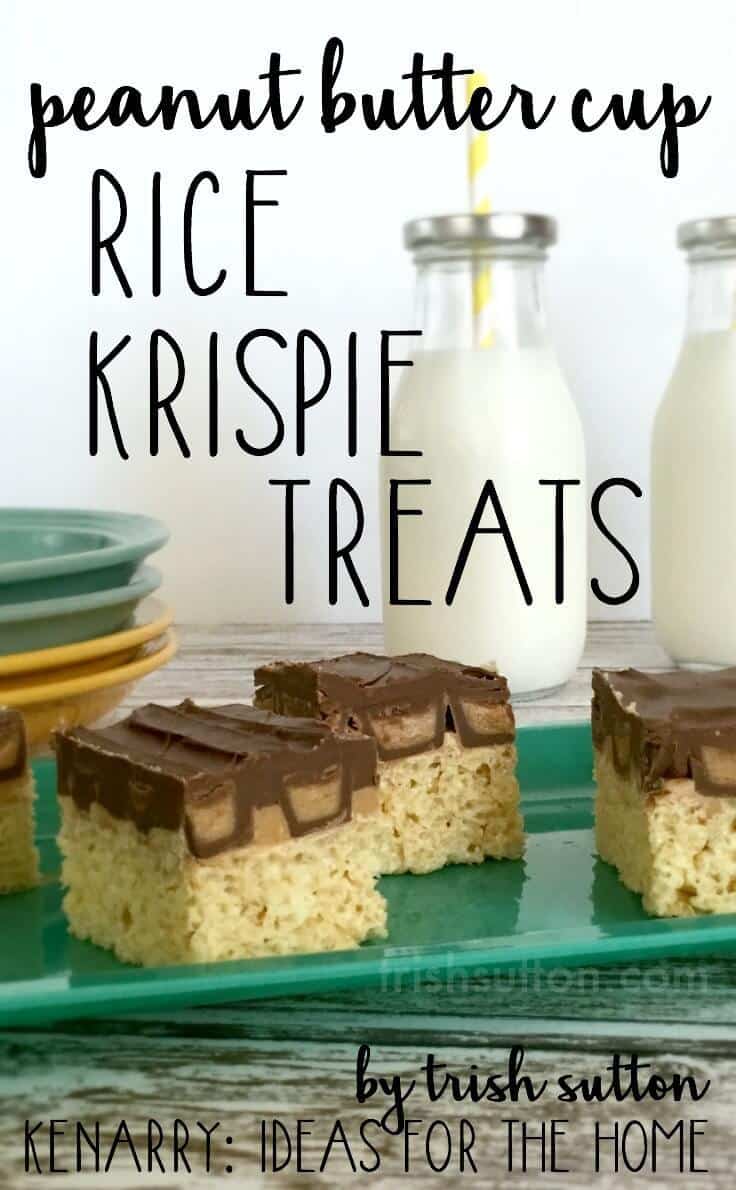 A sweet no bake treat for summer parties, sleepovers and all those Peanut Butter & Chocolate lovers. Peanut Butter Cup Rice Krispie Treats. By Trish Sutton, trishsutton.com