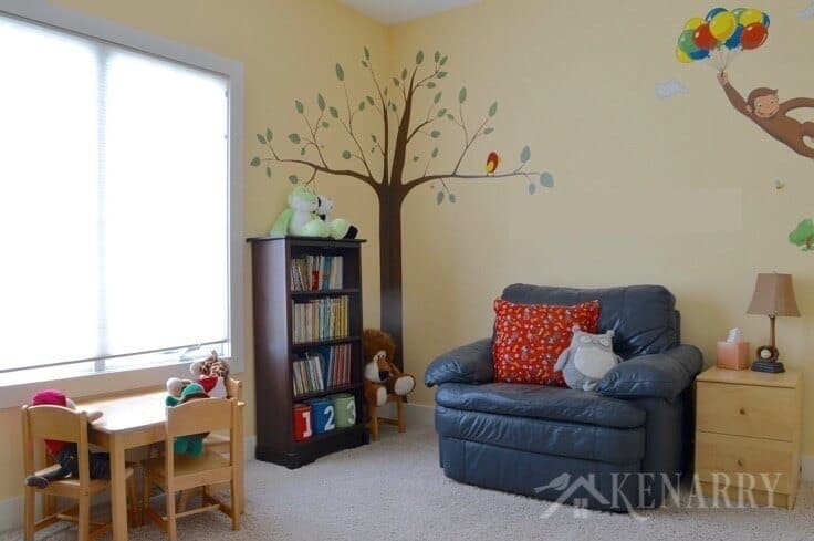 Love all these whimsical and fun kids playroom ideas including toy storage, reading nook and a hand painted tree mural! Your children will be thrilled to have a room like this where they can read books and play with toys.